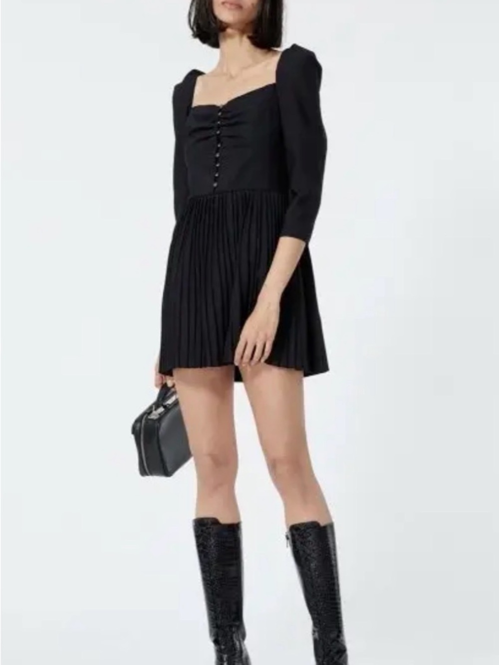 NWT The Kooples Black Pleated Mini Dress with Puff Sleeves